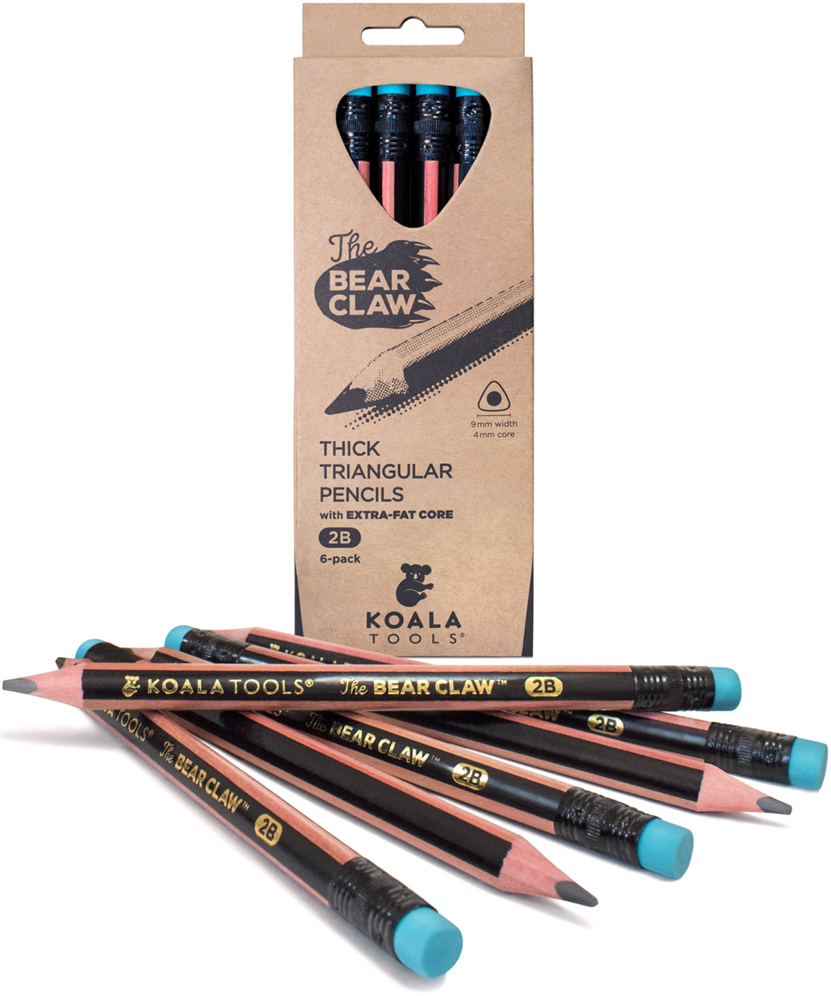 Koala Tools | Bear Claw Pencils (Pack of 6) - Fat, Thick, Strong, Triangular Grip, Graphite, 2B Lead with Eraser - Suitable for